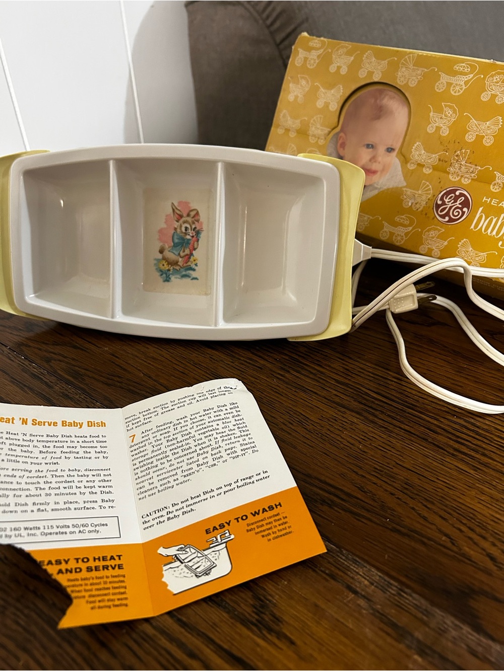 Vintage General Electric Heat 'N Serve Baby Dish - White with Yellow Handles